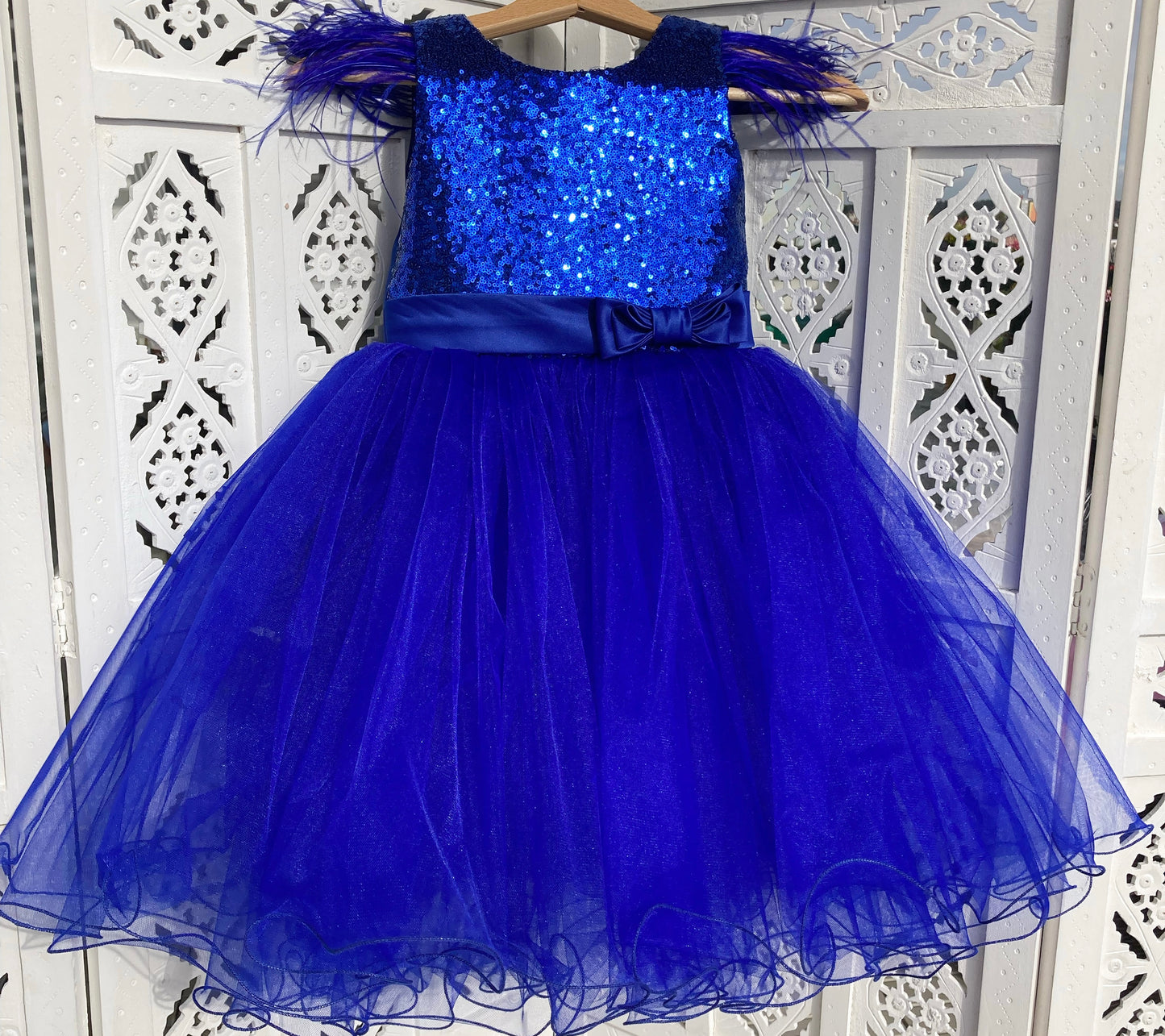 Blue Sequin Dress with Feathers