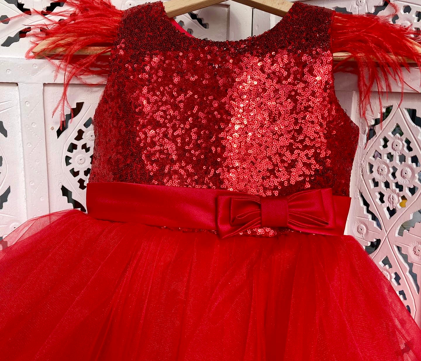Red Sequins Dress with Feathers