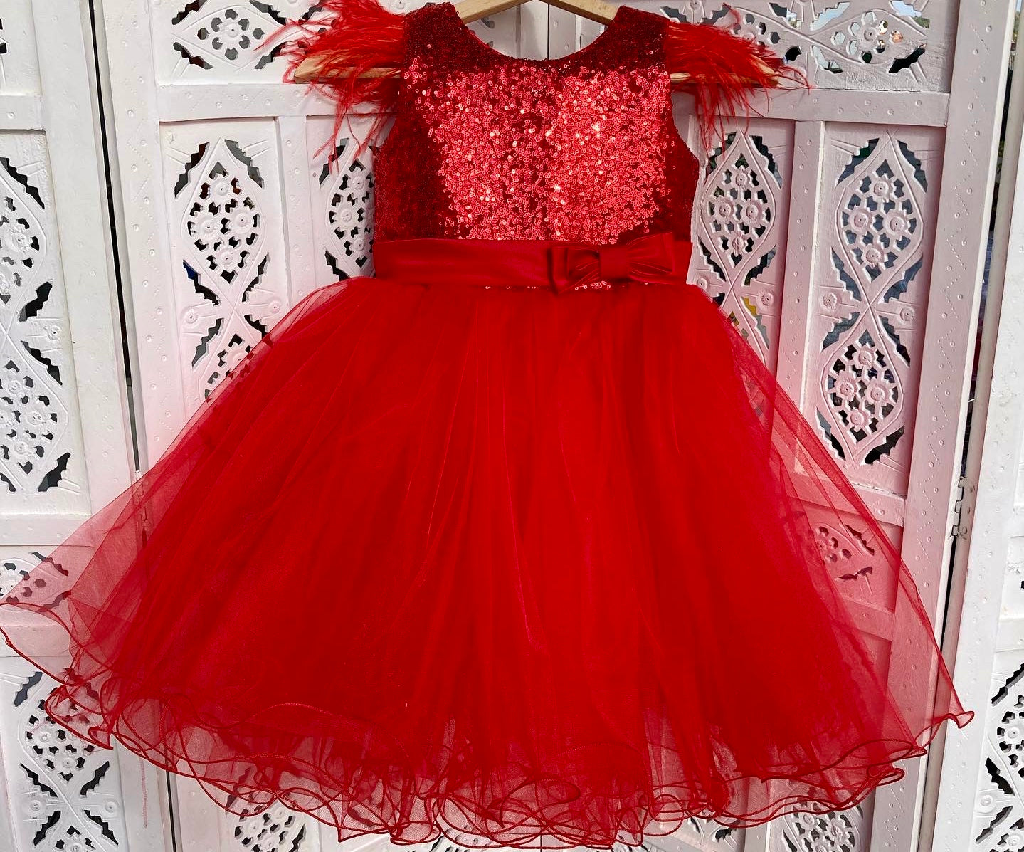 Red Sequins Dress with Feathers