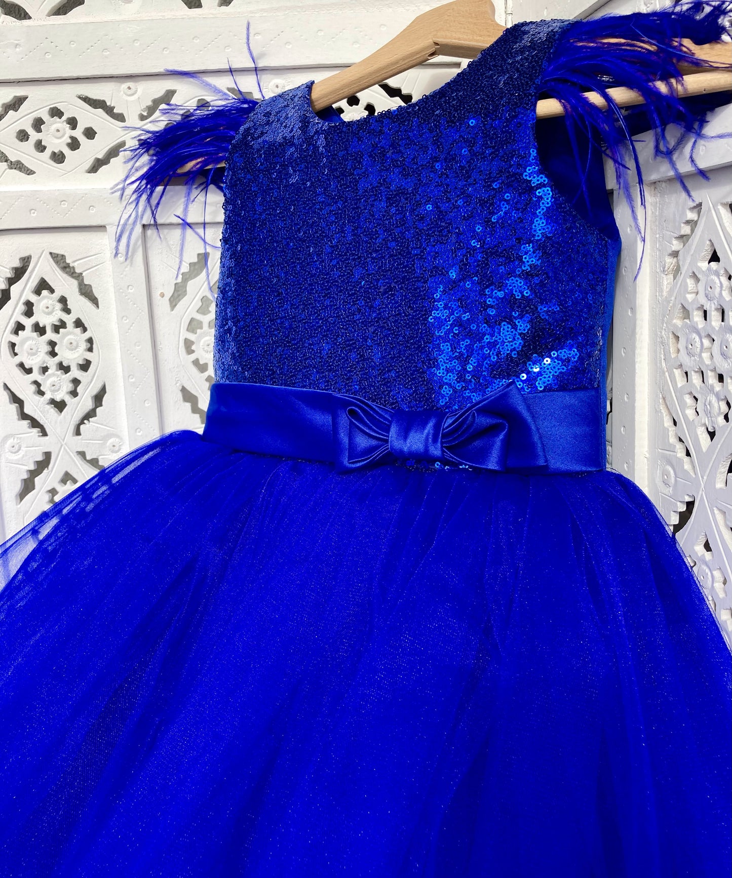 Blue Sequin Dress with Feathers