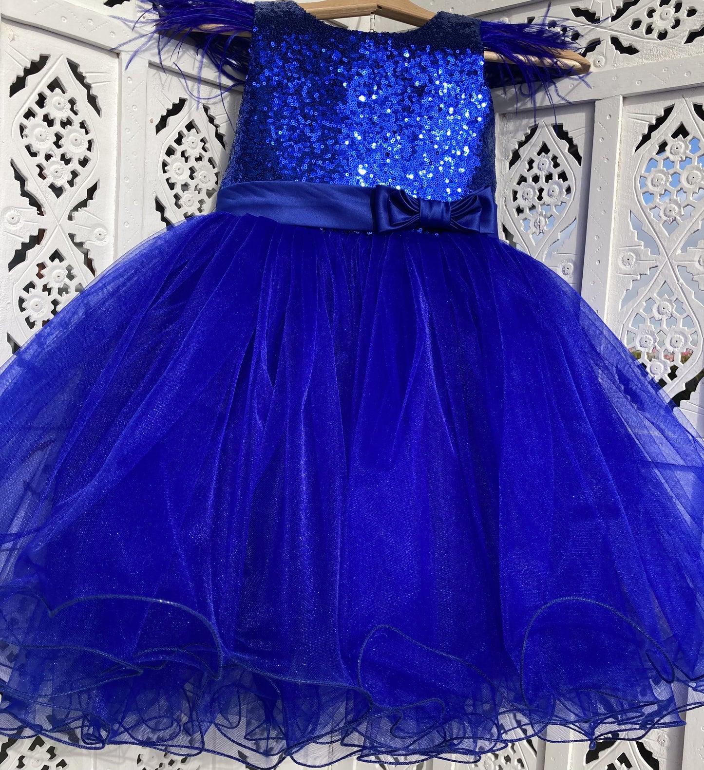 Blue Sequin Dress with Feathers