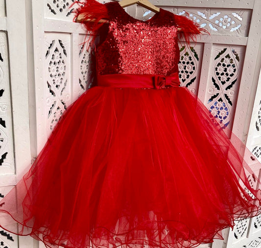 Red Sequins Dress with Feathers